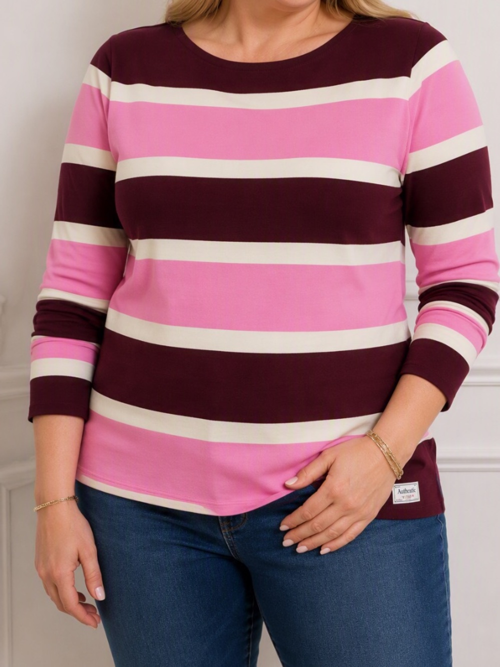 Talbots Burgundy, Pink & White Striped Long Sleeve Boatneck Tee